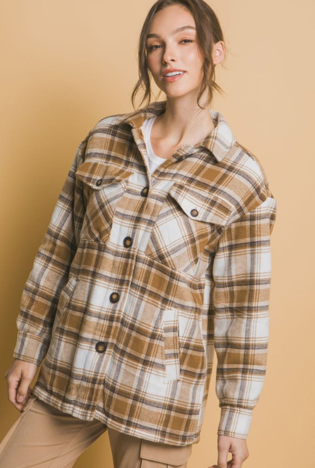 The Shirley Camel Plaid Shacket with Sherpa Lining