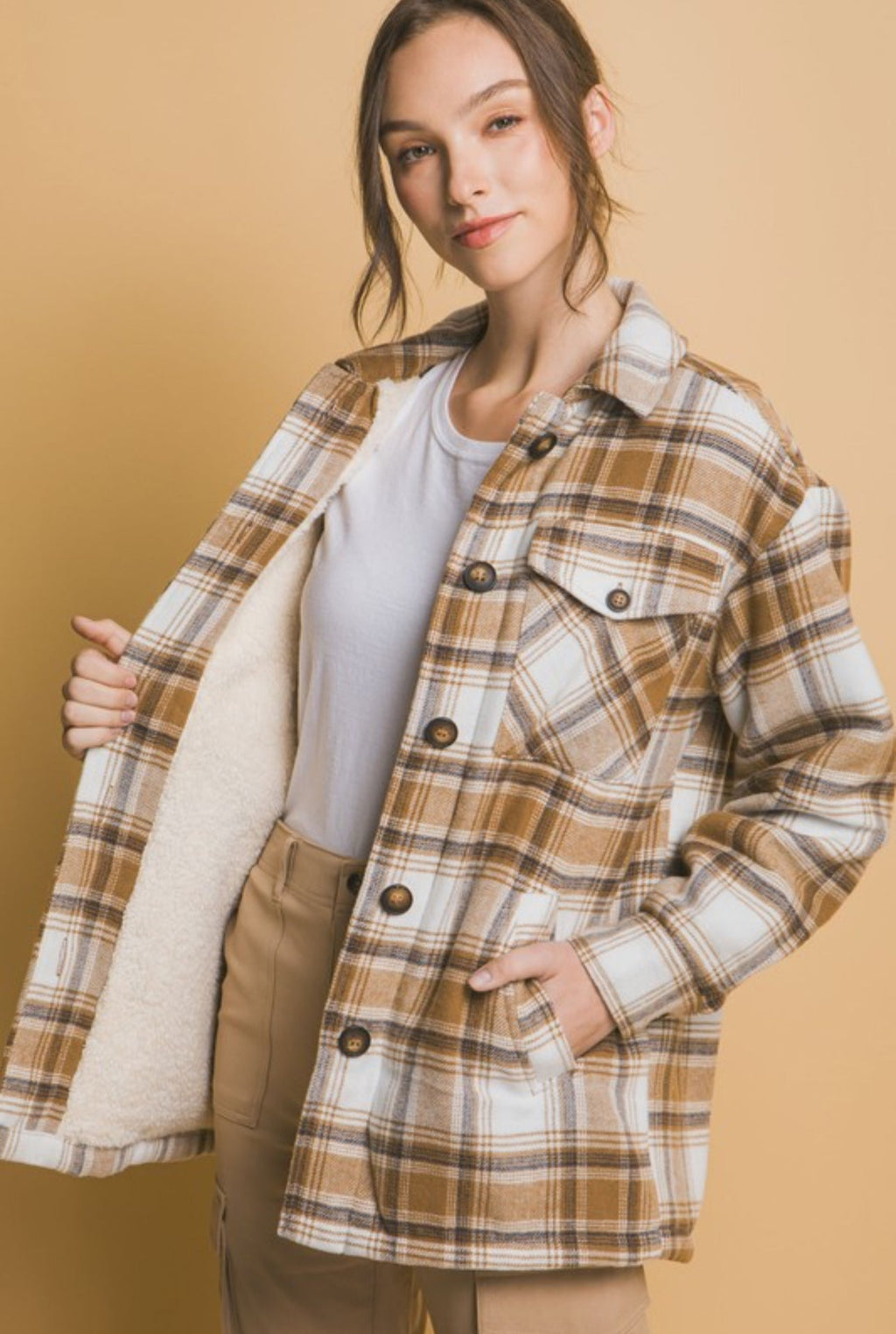The Shirley Camel Plaid Shacket with Sherpa Lining